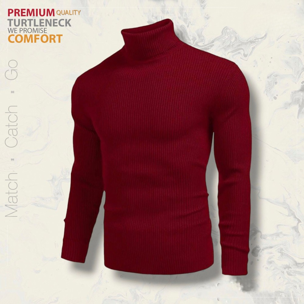 Men’s Long Sleeve Ribbed Marun Turtleneck - Alternate view 1 showing  color