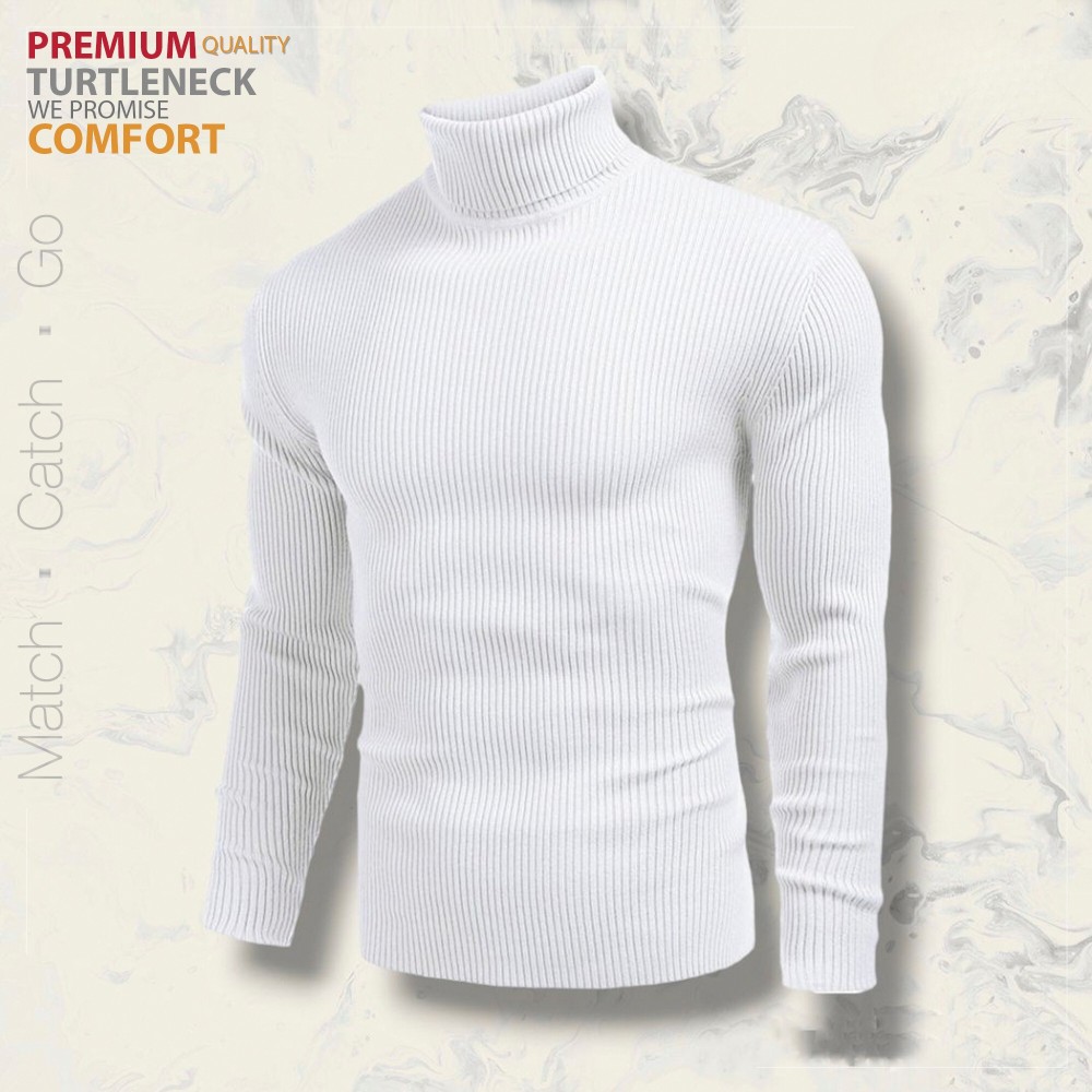 Men’s Long Sleeve Ribbed Off White Turtleneck - Alternate view 1 showing  color