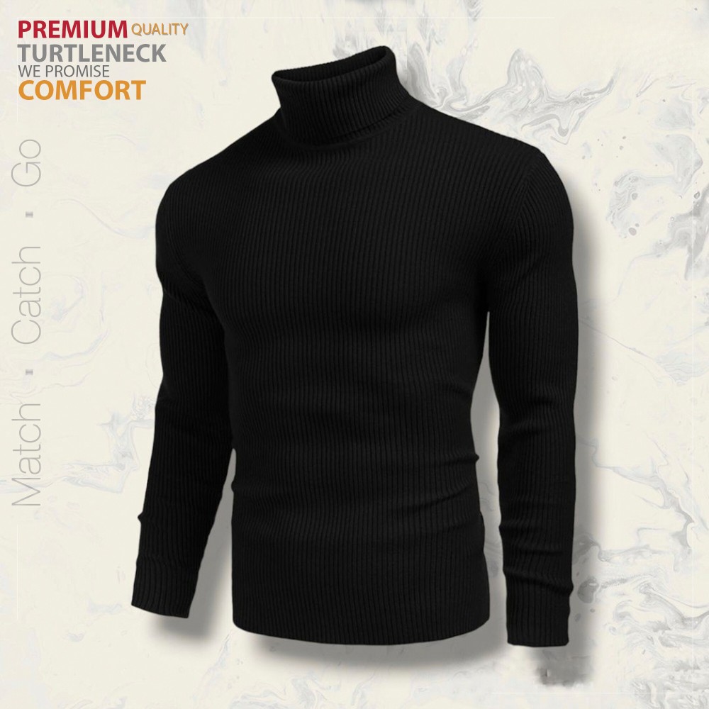 Men’s Long Sleeve Ribbed Black Turtleneck - Alternate view 1 showing  color