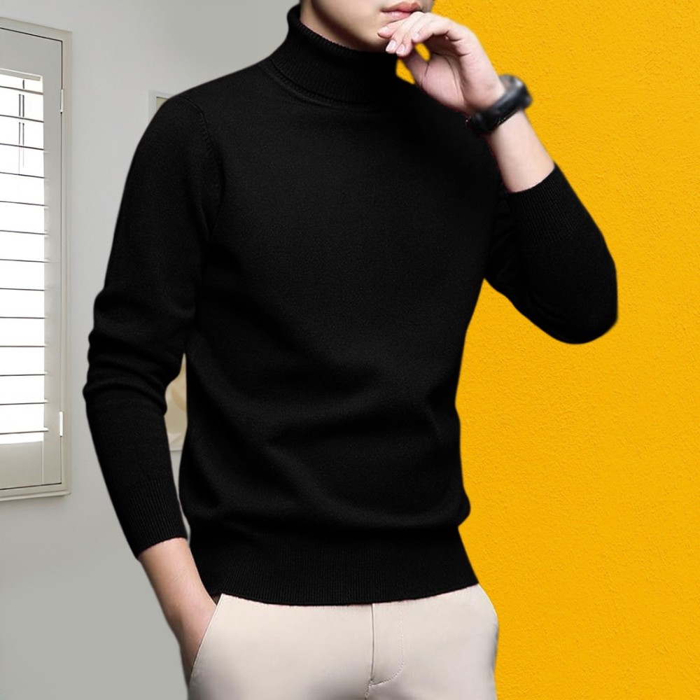 Men’s Long Sleeve Ribbed Black Turtleneck - Alternate view 3 showing  color