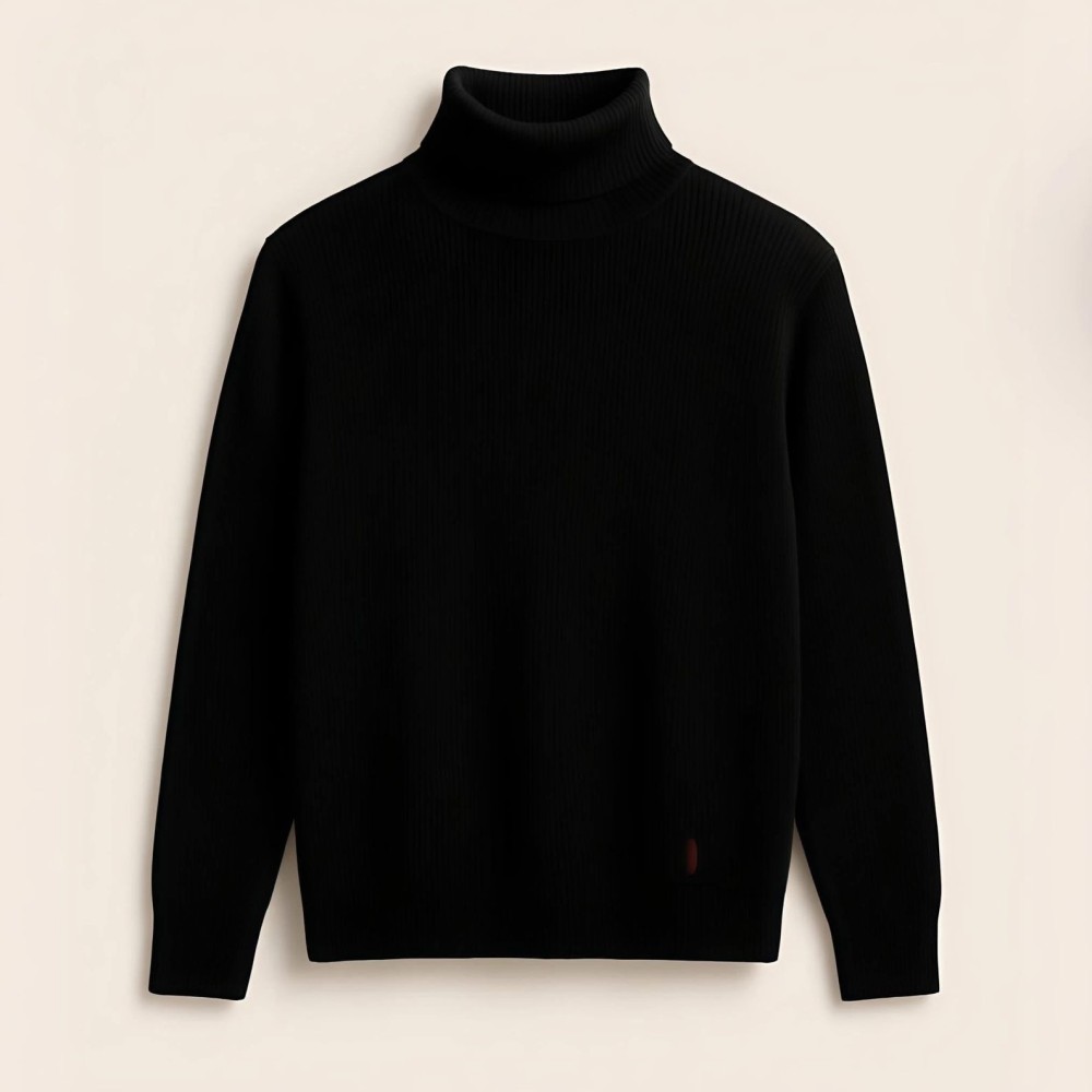 Men’s Long Sleeve Ribbed Black Turtleneck - Main view showing full design