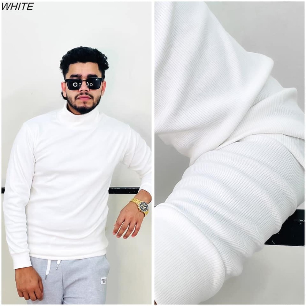 Men’s Long Sleeve Ribbed Off White Turtleneck - Alternate view 2 showing  color