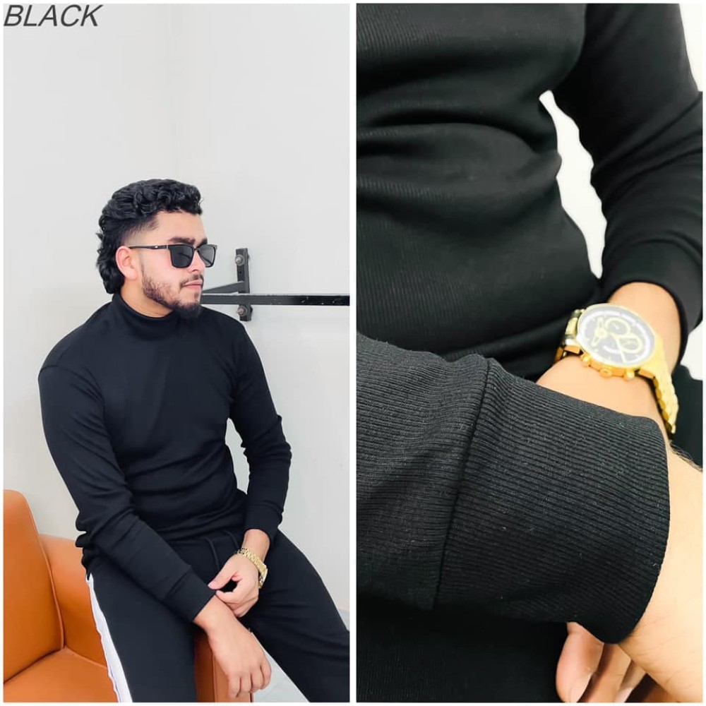 Men’s Long Sleeve Ribbed Black Turtleneck - Alternate view 2 showing  color